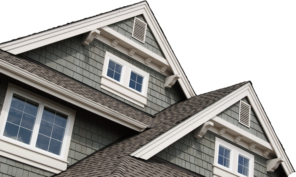 Gable roof with gray siding and white-framed windows against a clear background.